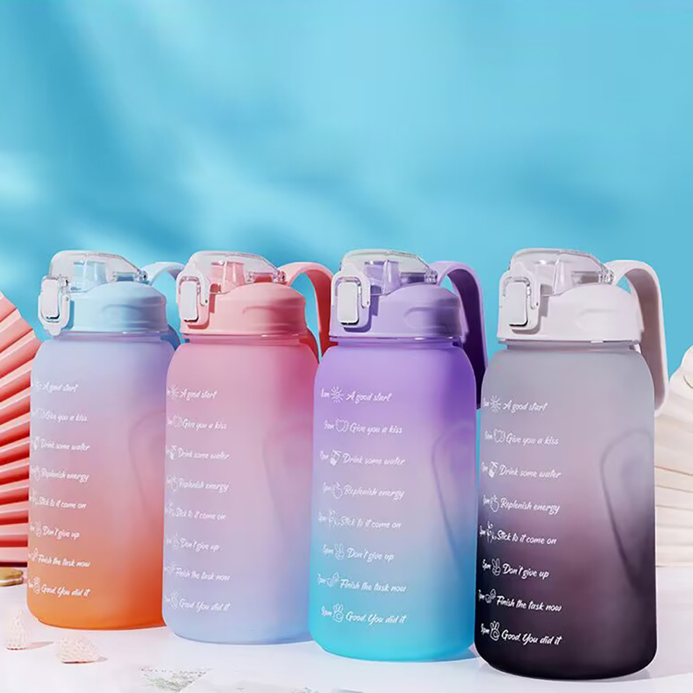2L Botella agua gran capacidad con tapa emergente, marca tiempo y marca volumen agua