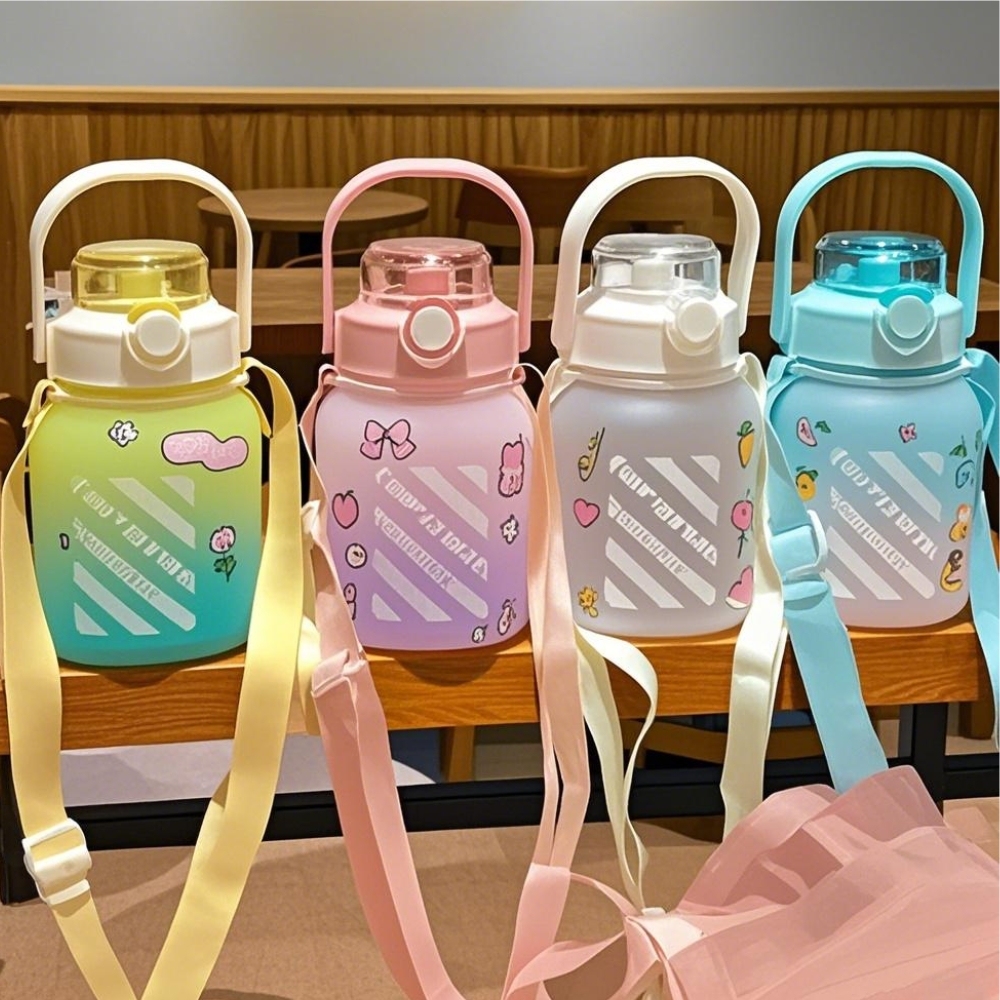 1200ml Botella de agua cuadrada de dibujos animados con pajita Botella de agua adecuada para fitness y deportes al aire libre