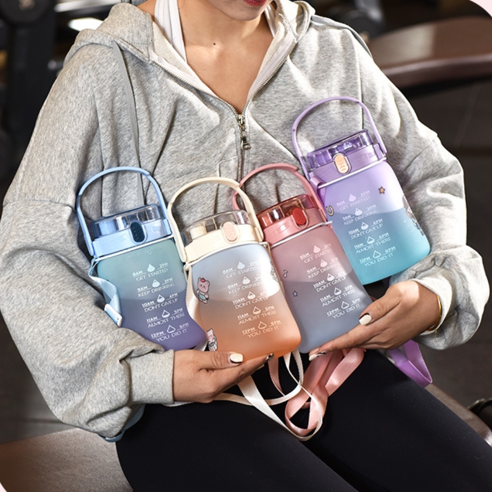 1100 ml Botella de agua con marcadores de tiempo para el gimnasio, senderismo y camping