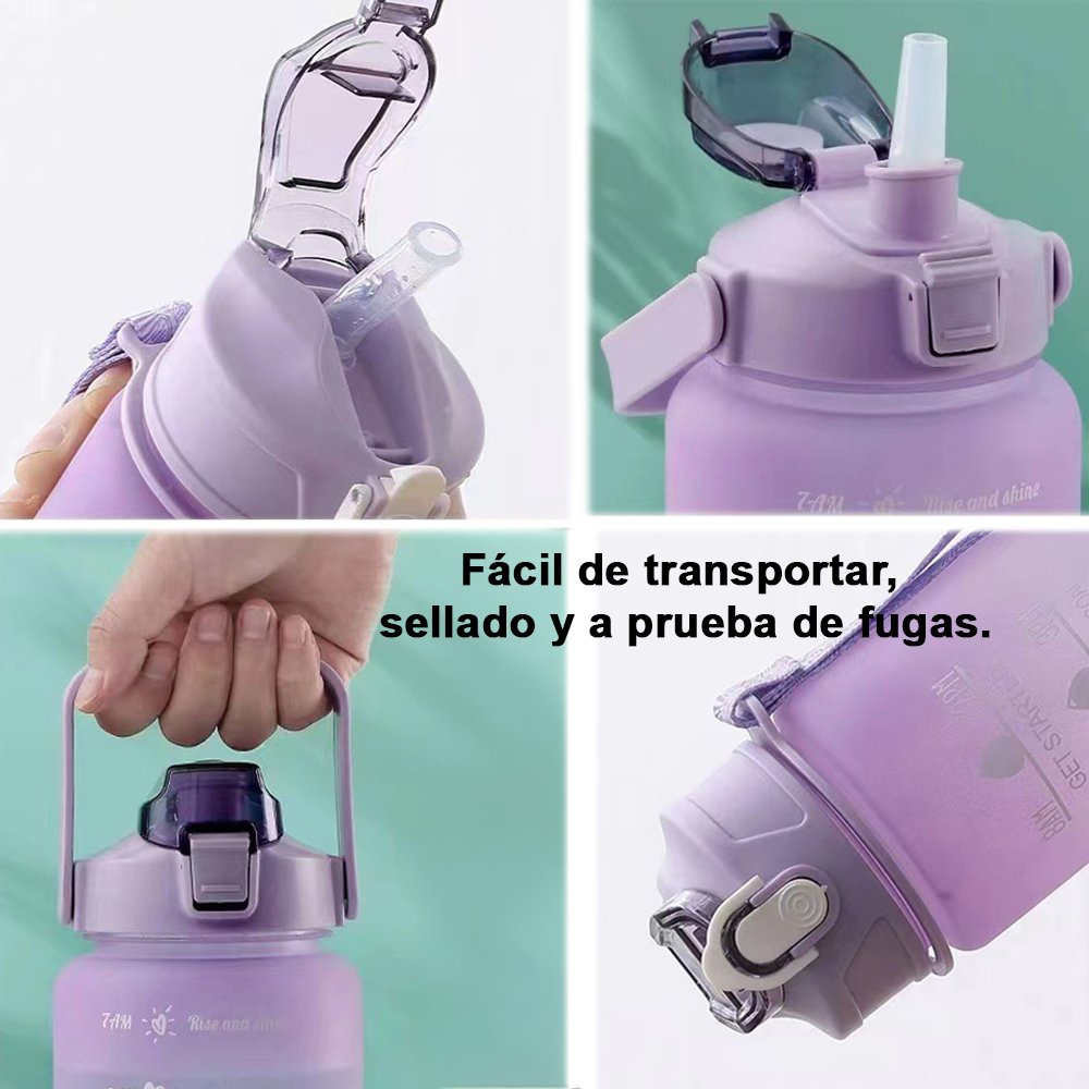 Juego 3 botellas agua plástico gran capacidad, botellas agua para fitness, colores degradados, vasos agua reutilizables 2000 ml + 900 ml + 280 ml，Viene con pegatinas de dibujos animados.