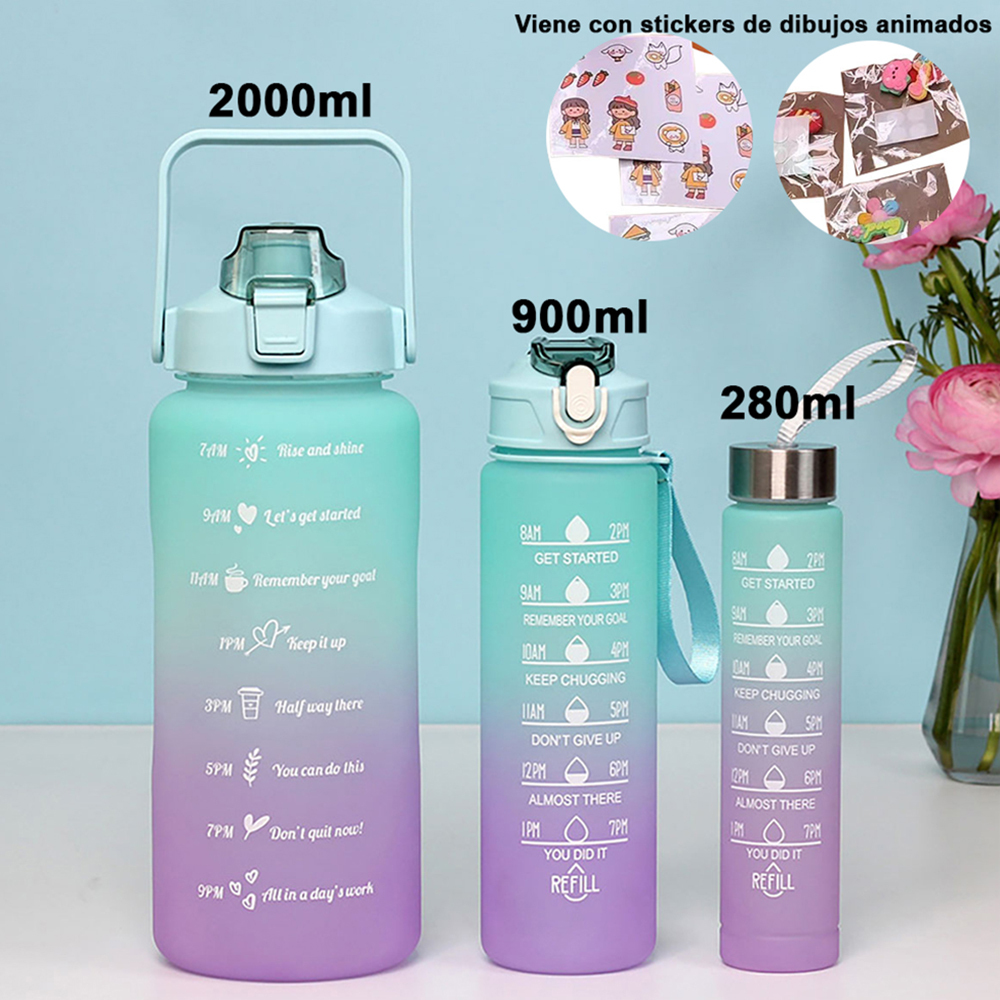 Juego 3 botellas agua plástico gran capacidad, botellas agua para fitness, colores degradados, vasos agua reutilizables 2000 ml + 900 ml + 280 ml，Viene con pegatinas de dibujos animados.