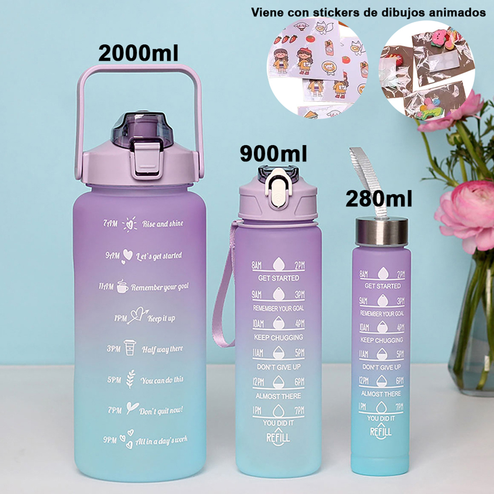 Juego 3 botellas agua plástico gran capacidad, botellas agua para fitness, colores degradados, vasos agua reutilizables 2000 ml + 900 ml + 280 ml，Viene con pegatinas de dibujos animados.