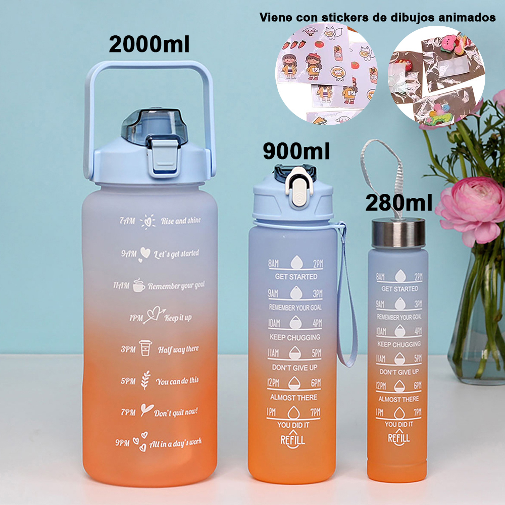 Juego 3 botellas agua plástico gran capacidad, botellas agua para fitness, colores degradados, vasos agua reutilizables 2000 ml + 900 ml + 280 ml，Viene con pegatinas de dibujos animados.