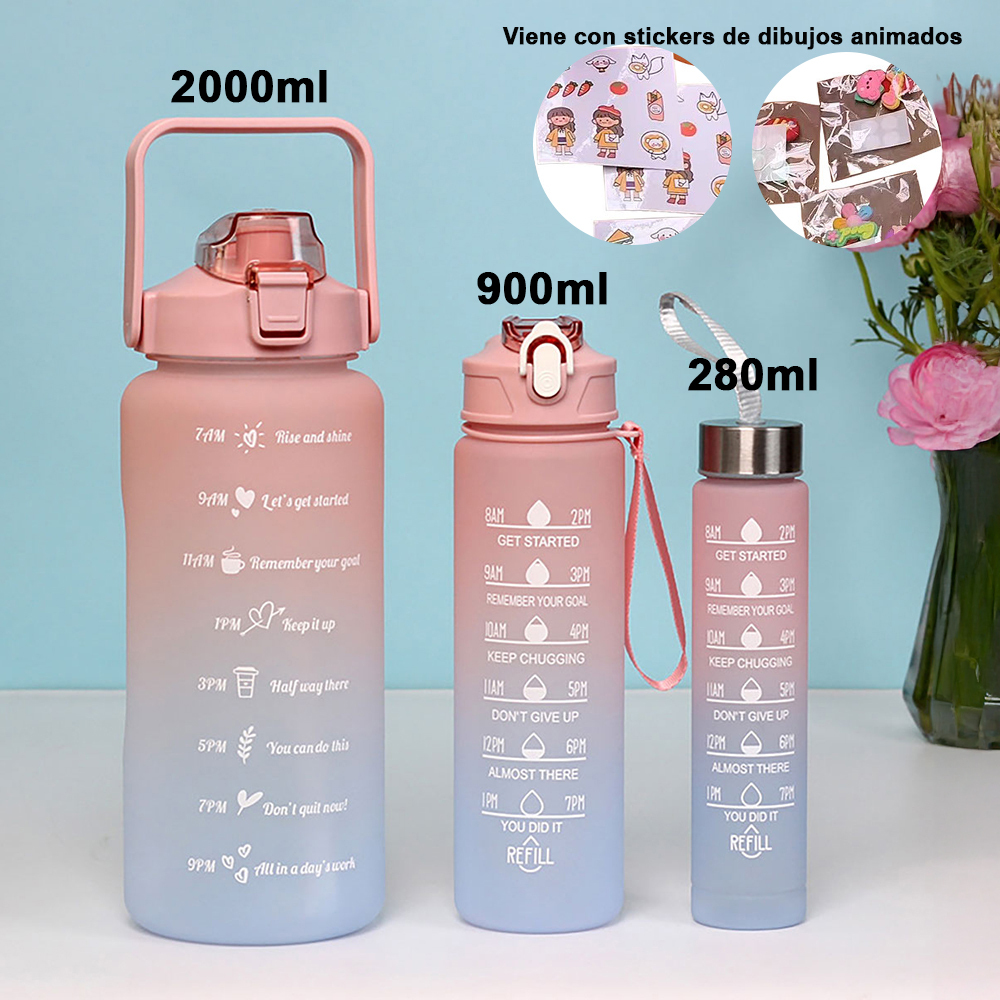 Juego 3 botellas agua plástico gran capacidad, botellas agua para fitness, colores degradados, vasos agua reutilizables 2000 ml + 900 ml + 280 ml，Viene con pegatinas de dibujos animados.