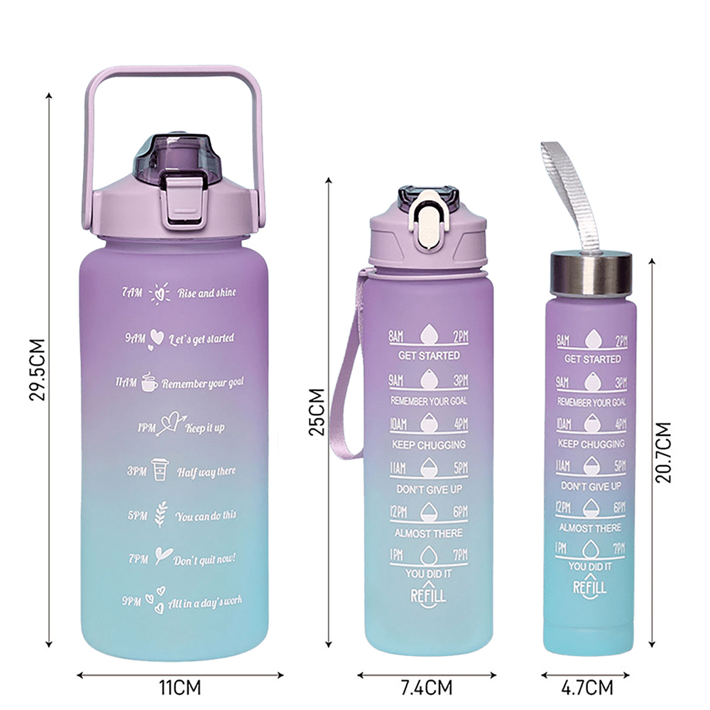 Juego 3 botellas agua plástico gran capacidad, botellas agua para fitness, colores degradados, vasos agua reutilizables 2000 ml + 900 ml + 280 ml，Viene con pegatinas de dibujos animados.