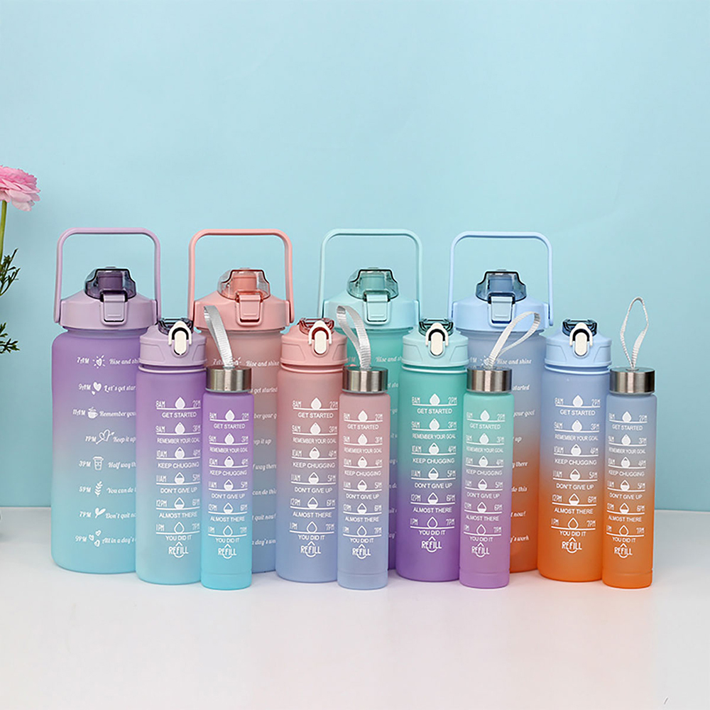 Juego 3 botellas agua plástico gran capacidad, botellas agua para fitness, colores degradados, vasos agua reutilizables 2000 ml + 900 ml + 280 ml，Viene con pegatinas de dibujos animados.