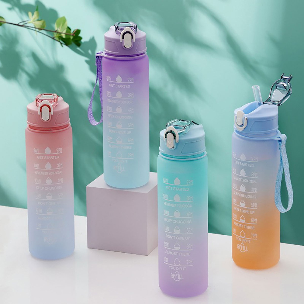 Juego 3 botellas agua plástico gran capacidad, botellas agua para fitness, colores degradados, vasos agua reutilizables 2000 ml + 900 ml + 280 ml，Viene con pegatinas de dibujos animados.