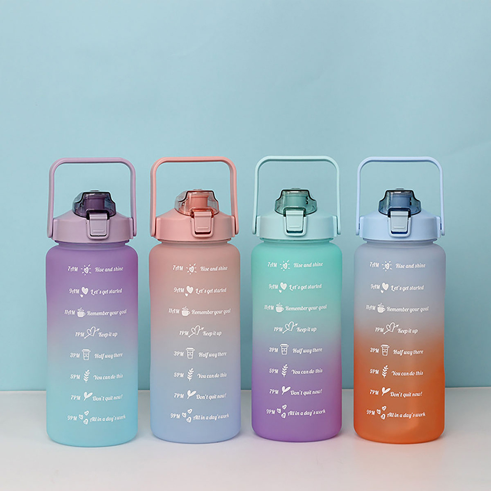 Juego 3 botellas agua plástico gran capacidad, botellas agua para fitness, colores degradados, vasos agua reutilizables 2000 ml + 900 ml + 280 ml，Viene con pegatinas de dibujos animados.