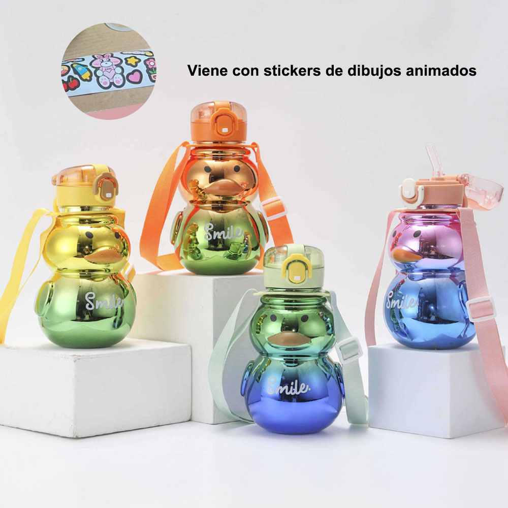 800 ml Botella agua plástico portátil gran capacidad con pajita, botella agua deportiva con dibujos animados, correa hombro ajustable
