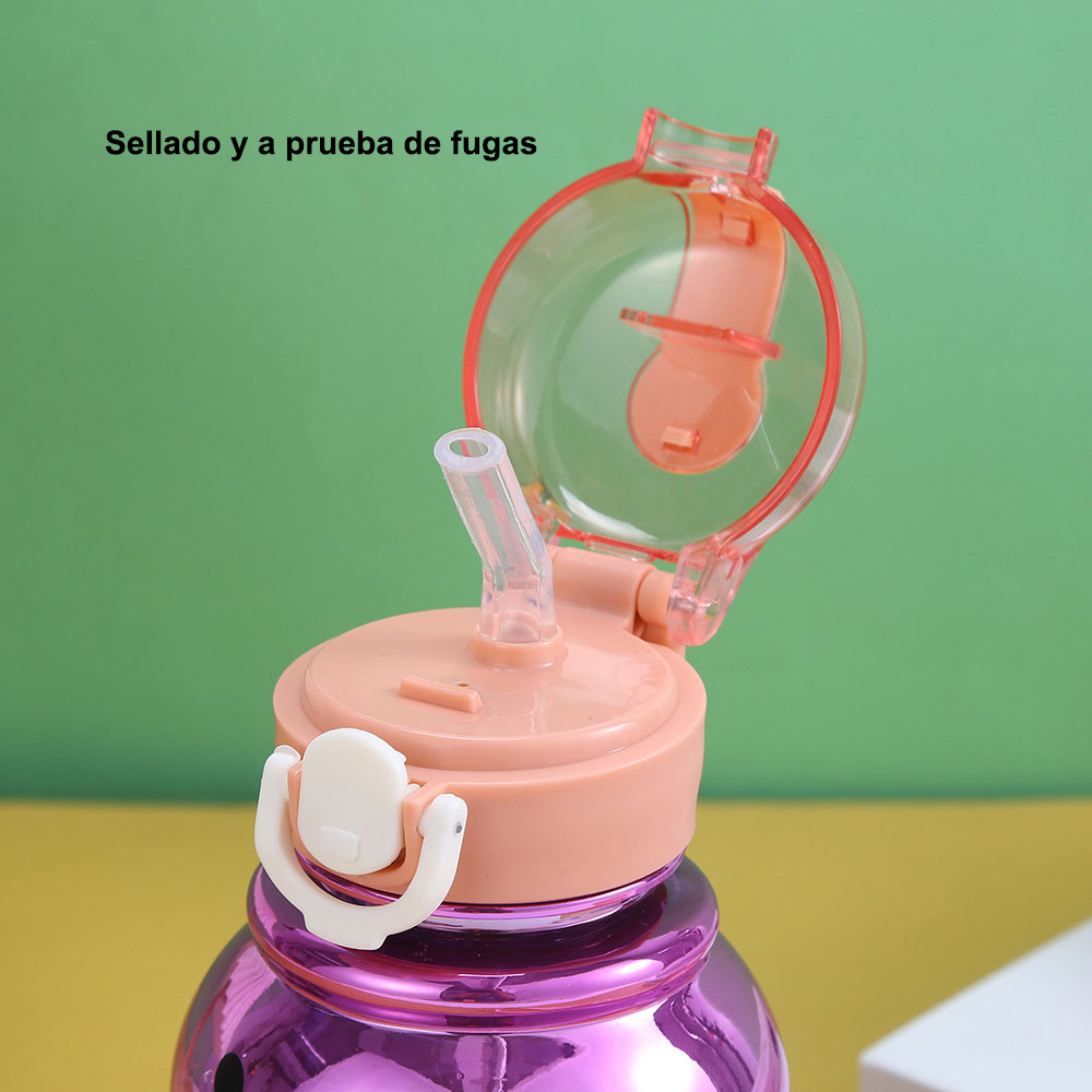 800 ml Botella agua plástico portátil gran capacidad con pajita, botella agua deportiva con dibujos animados, correa hombro ajustable
