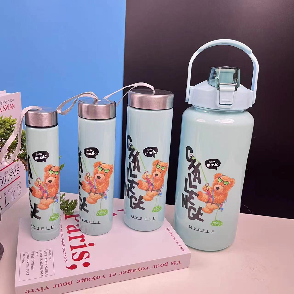 Botellas De Agua Set 4 Piezas 2000ml+700ml+400ml+200ml, adecuado para deportes al aire libre y uso en gimnasios