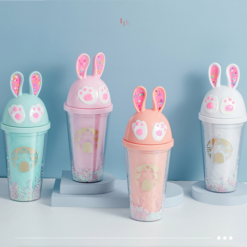 430 ml Vaso para beber con pajita, tapa taza con orejas conejo dibujos animados, ligero y fácil transportar, vaso de agua plástico con cuerda ajustable