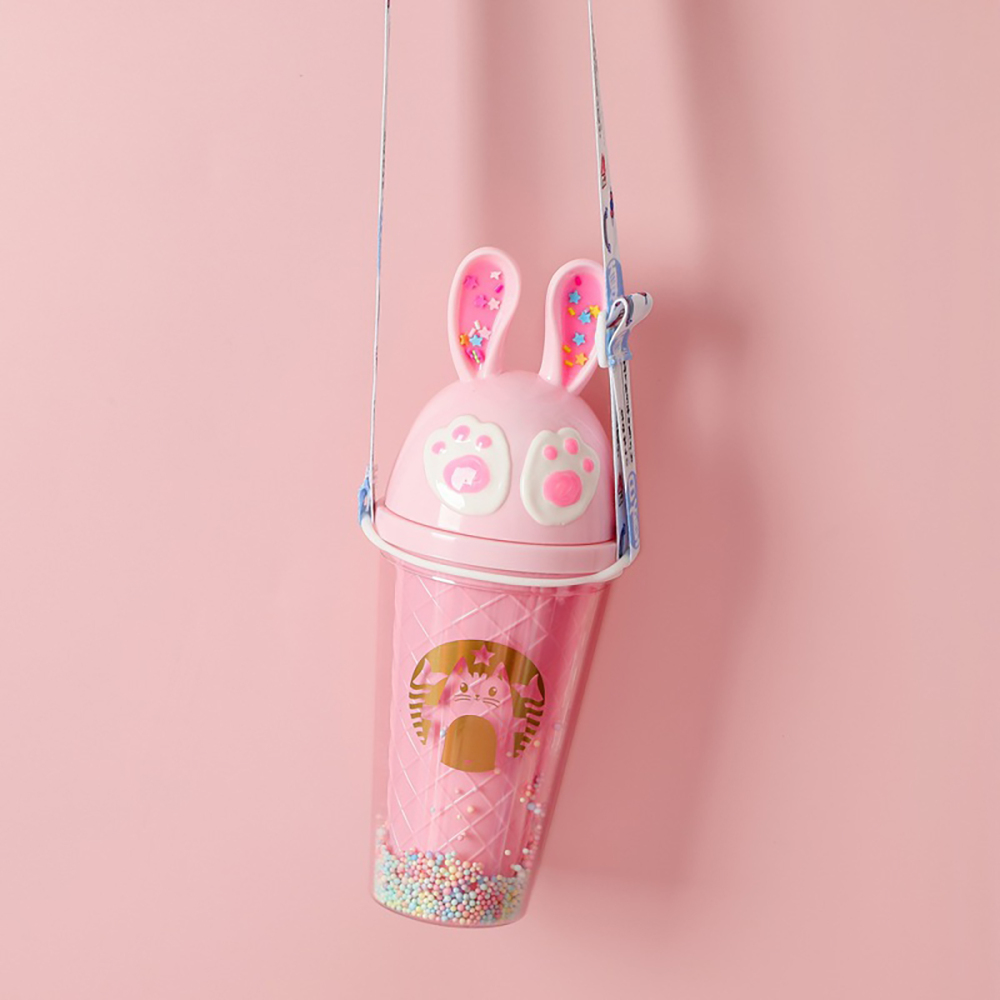 430 ml Vaso para beber con pajita, tapa taza con orejas conejo dibujos animados, ligero y fácil transportar, vaso de agua plástico con cuerda ajustable