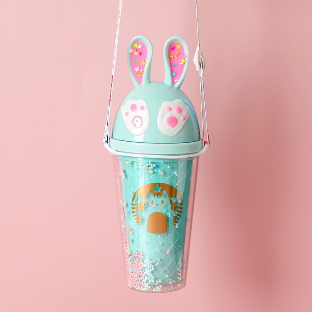 430 ml Vaso para beber con pajita, tapa taza con orejas conejo dibujos animados, ligero y fácil transportar, vaso de agua plástico con cuerda ajustable