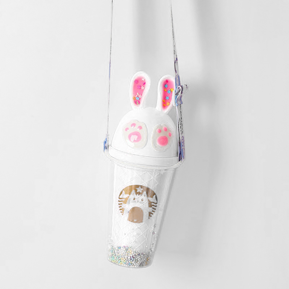 430 ml Vaso para beber con pajita, tapa taza con orejas conejo dibujos animados, ligero y fácil transportar, vaso de agua plástico con cuerda ajustable