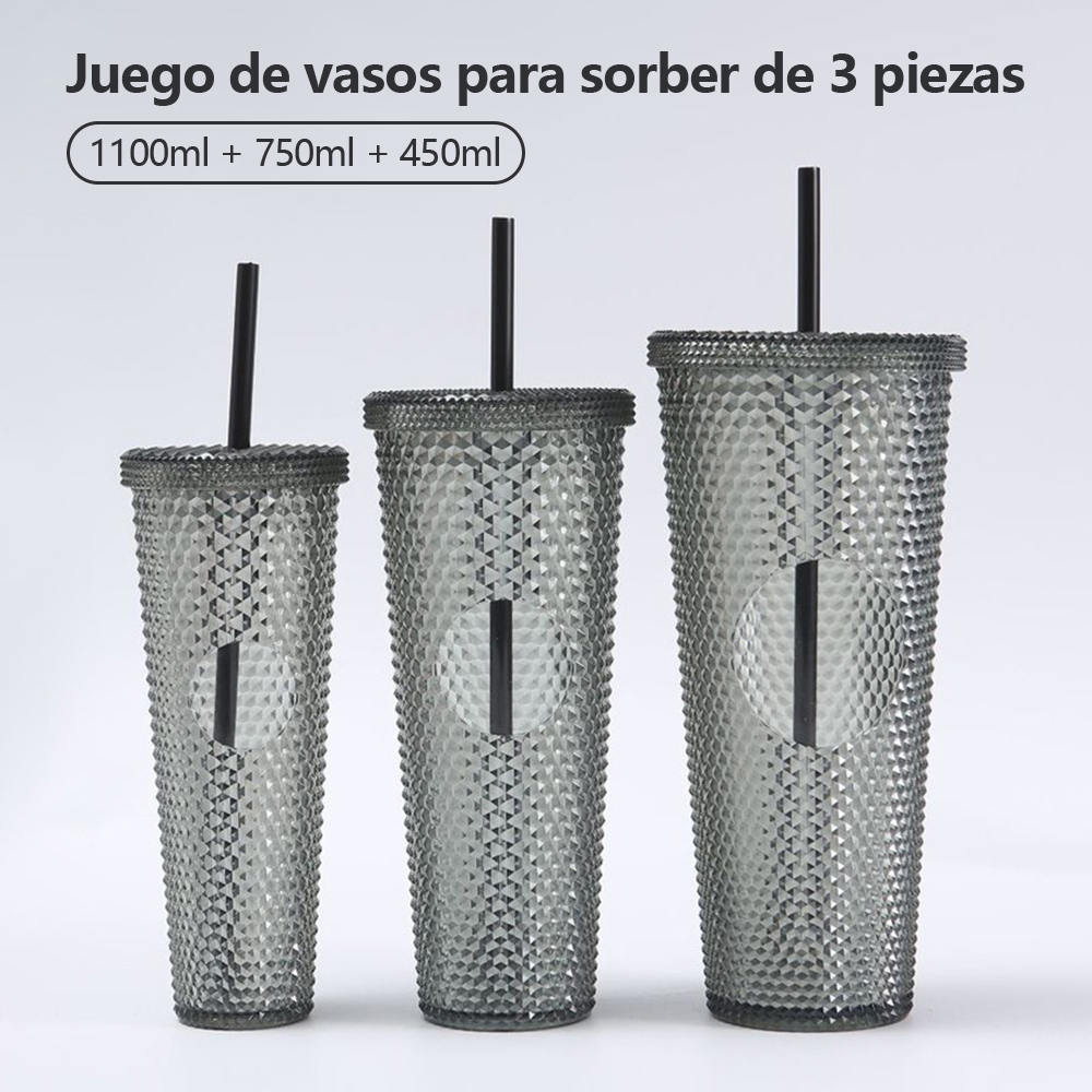 Juego 3 vasos agua gran capacidad con pajitas, vasos plástico reutilizables, 1100 ml + 750 ml + 450 ml