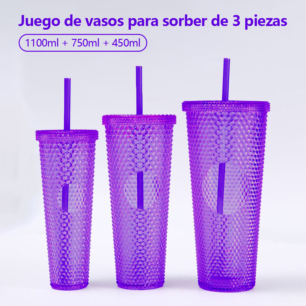 Juego 3 vasos agua gran capacidad con pajitas, vasos plástico reutilizables, 1100 ml + 750 ml + 450 ml