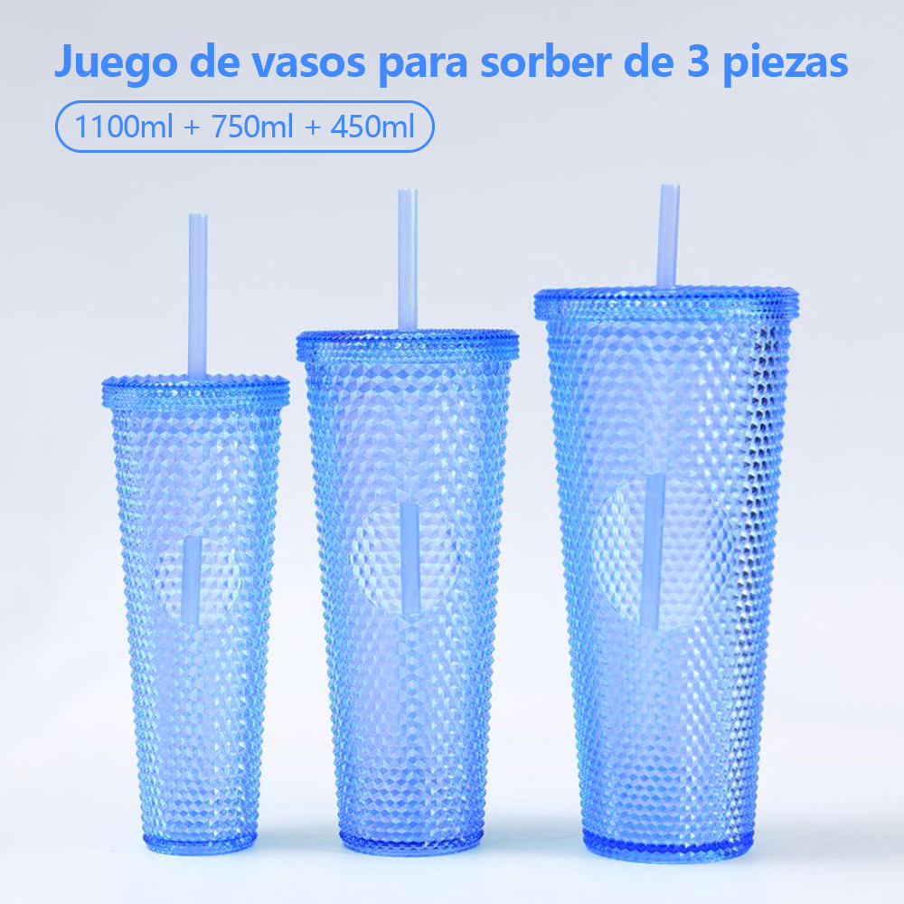 Juego 3 vasos agua gran capacidad con pajitas, vasos plástico reutilizables, 1100 ml + 750 ml + 450 ml