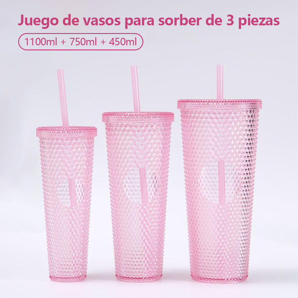 Juego 3 vasos agua gran capacidad con pajitas, vasos plástico reutilizables, 1100 ml + 750 ml + 450 ml