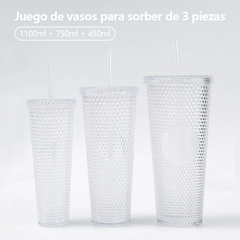 Juego 3 vasos agua gran capacidad con pajitas, vasos plástico reutilizables, 1100 ml + 750 ml + 450 ml