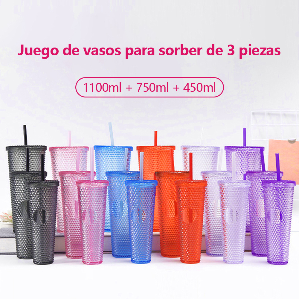 Juego 3 vasos agua gran capacidad con pajitas, vasos plástico reutilizables, 1100 ml + 750 ml + 450 ml