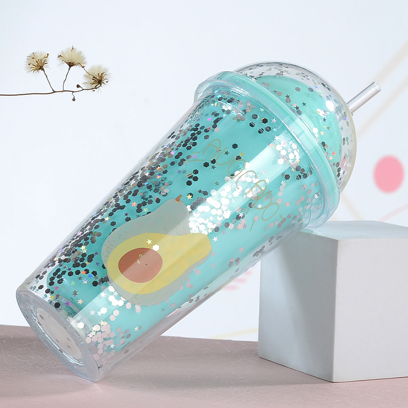 450ml Vaso de plástico con pajita de doble capa y luz