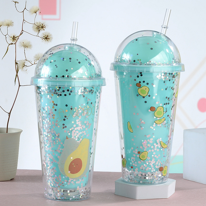 450ml Vaso de plástico con pajita de doble capa y luz