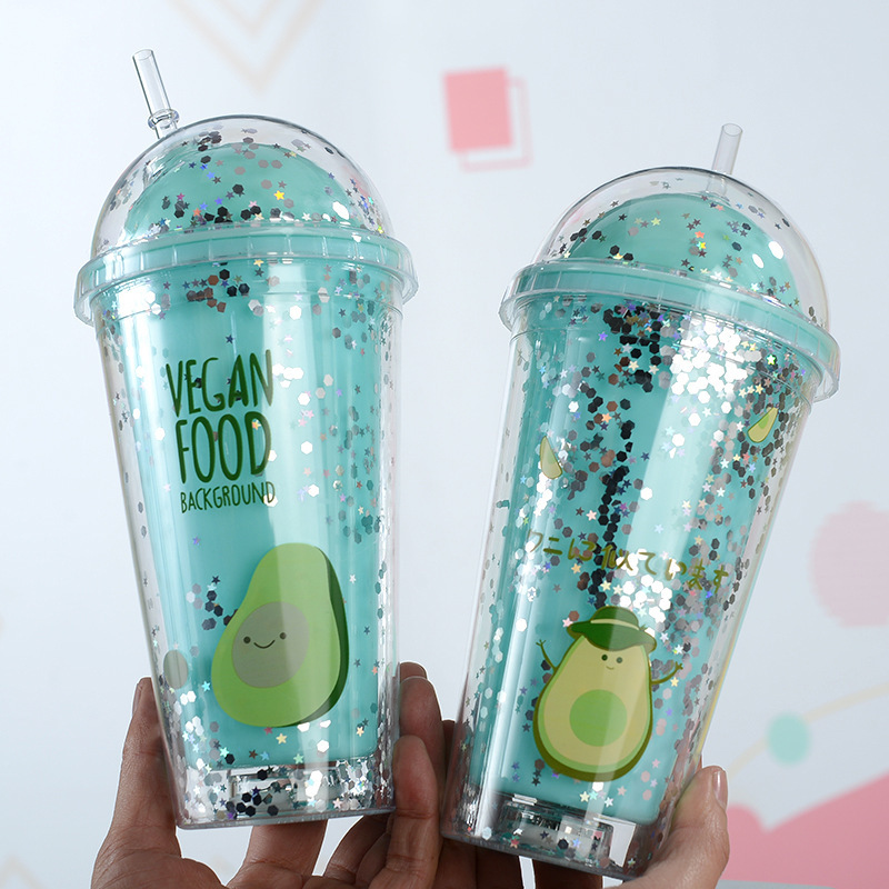450ml Vaso de plástico con pajita de doble capa y luz