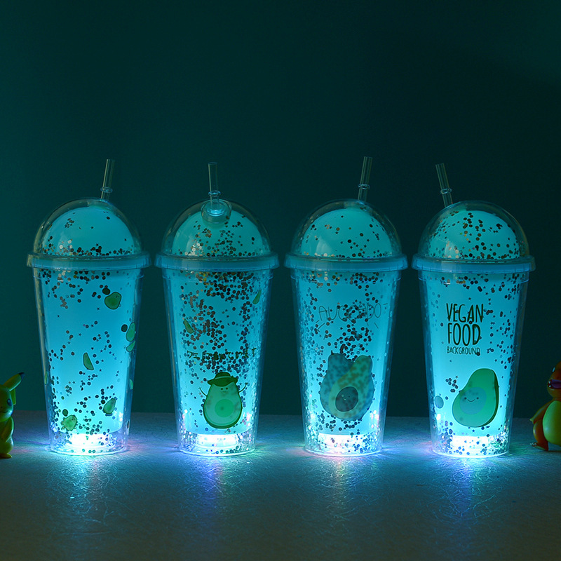 450ml Vaso de plástico con pajita de doble capa y luz