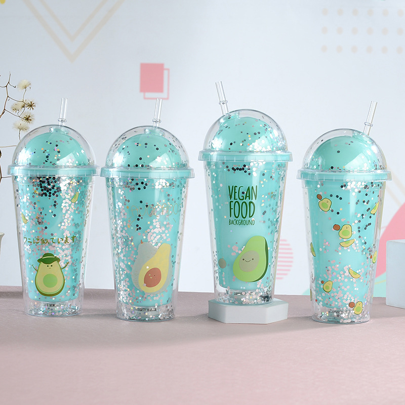 450ml Vaso de plástico con pajita de doble capa y luz