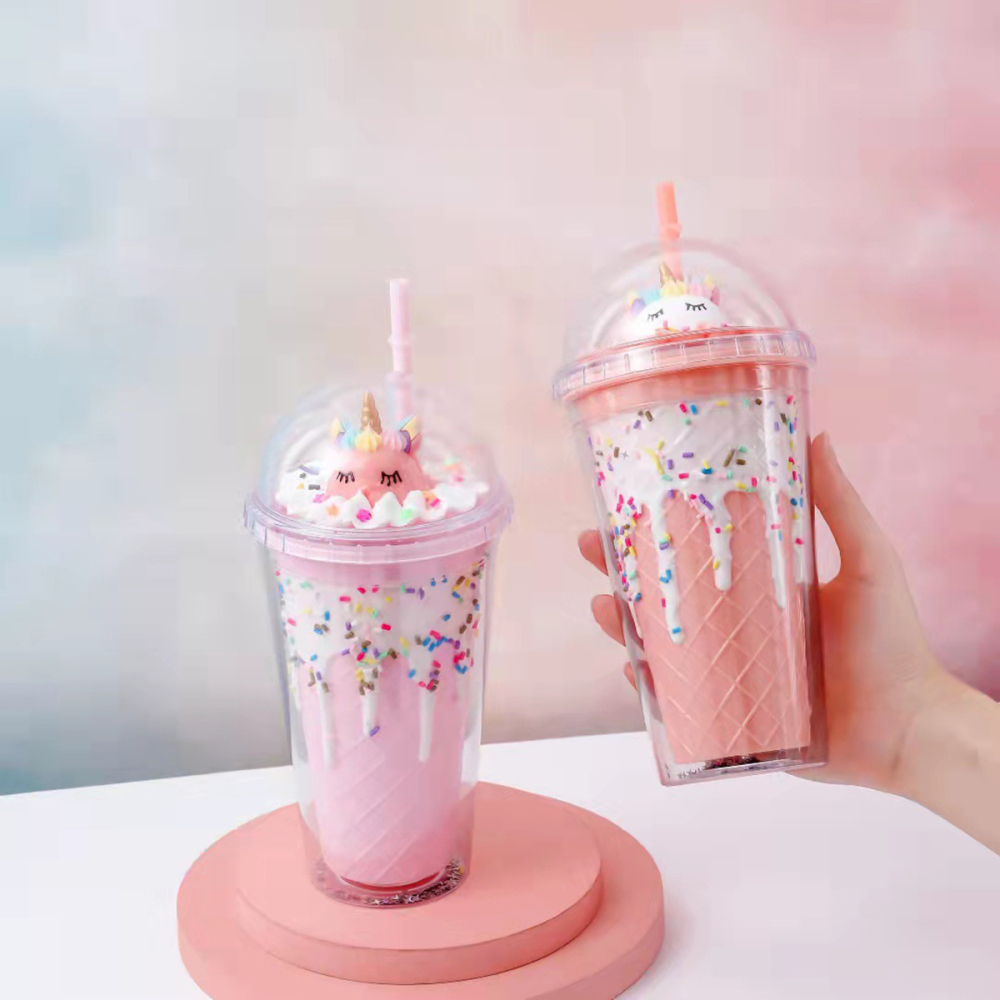 Vaso de plástico de 430 ml para bebidas frías con pajita y tapa