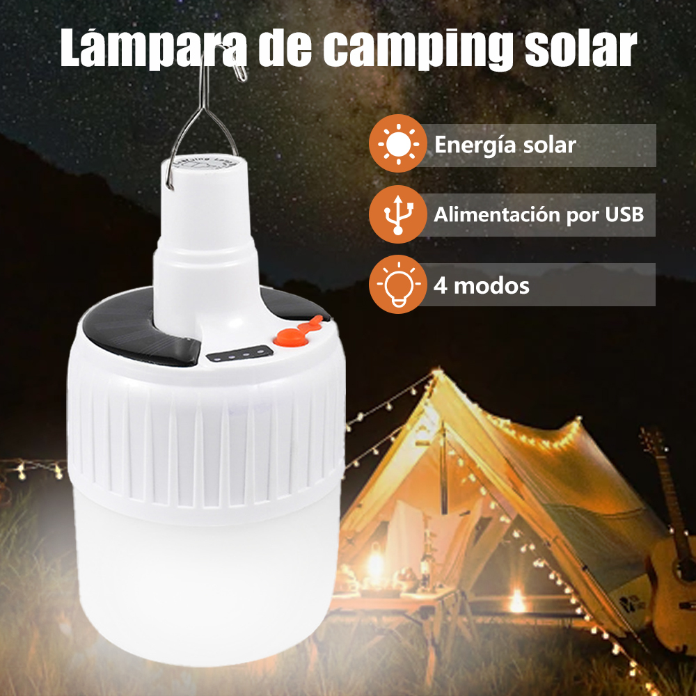 Lámpara de camping solar con gancho. Iluminación emergencia súper brillante y multifuncional.  Ideal para tiendas de campaña, mercados nocturnos, uso al aire libre y doméstico.