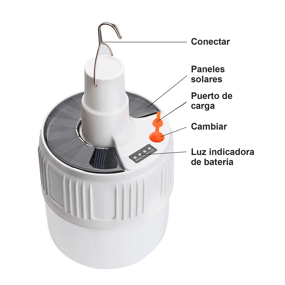Lámpara de camping solar con gancho. Iluminación emergencia súper brillante y multifuncional.  Ideal para tiendas de campaña, mercados nocturnos, uso al aire libre y doméstico.