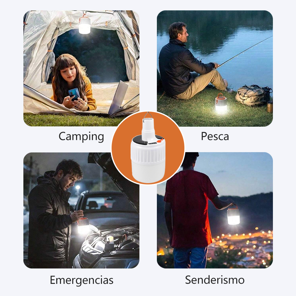 Lámpara de camping solar con gancho. Iluminación emergencia súper brillante y multifuncional.  Ideal para tiendas de campaña, mercados nocturnos, uso al aire libre y doméstico.
