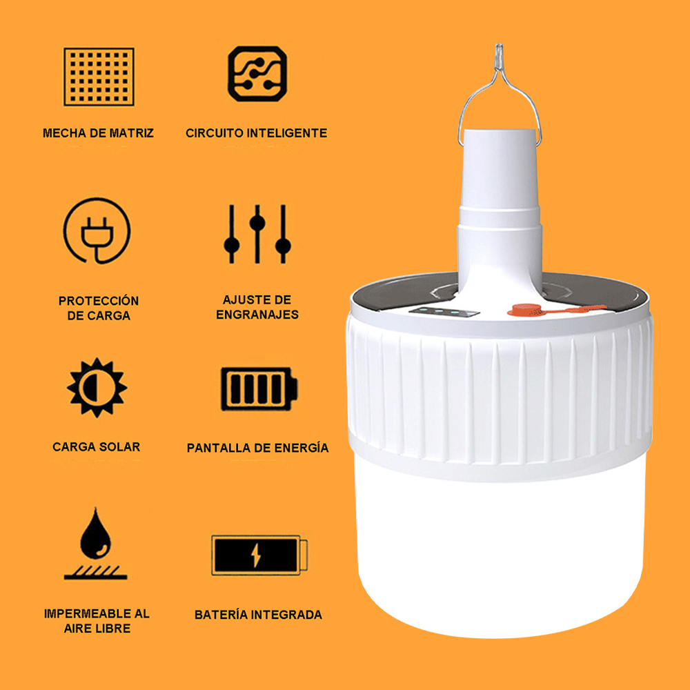 Lámpara de camping solar con gancho. Iluminación emergencia súper brillante y multifuncional.  Ideal para tiendas de campaña, mercados nocturnos, uso al aire libre y doméstico.