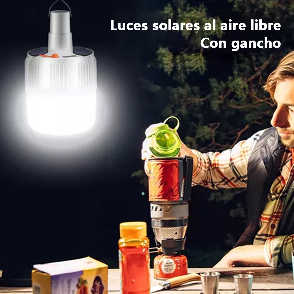 Lámpara de camping solar con gancho. Iluminación emergencia súper brillante y multifuncional.  Ideal para tiendas de campaña, mercados nocturnos, uso al aire libre y doméstico.