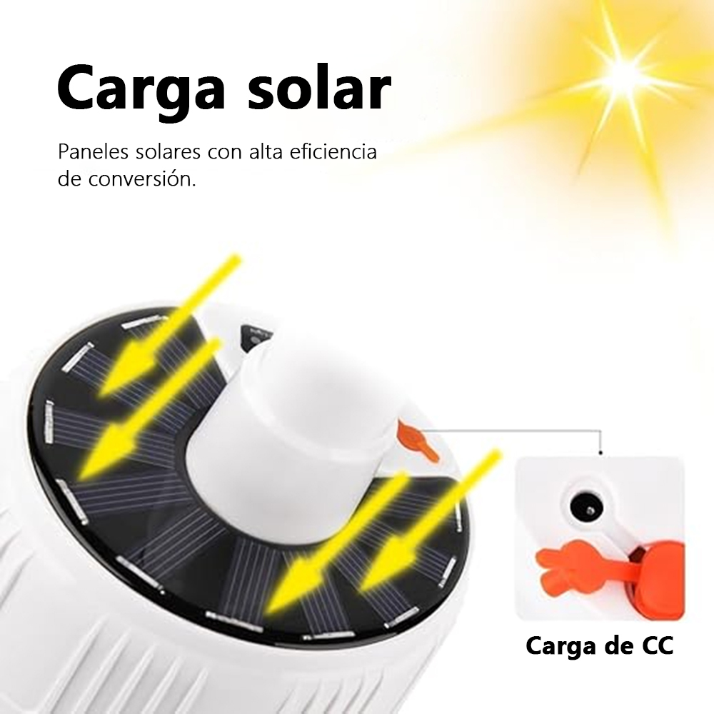 Lámpara de camping solar con gancho. Iluminación emergencia súper brillante y multifuncional.  Ideal para tiendas de campaña, mercados nocturnos, uso al aire libre y doméstico.