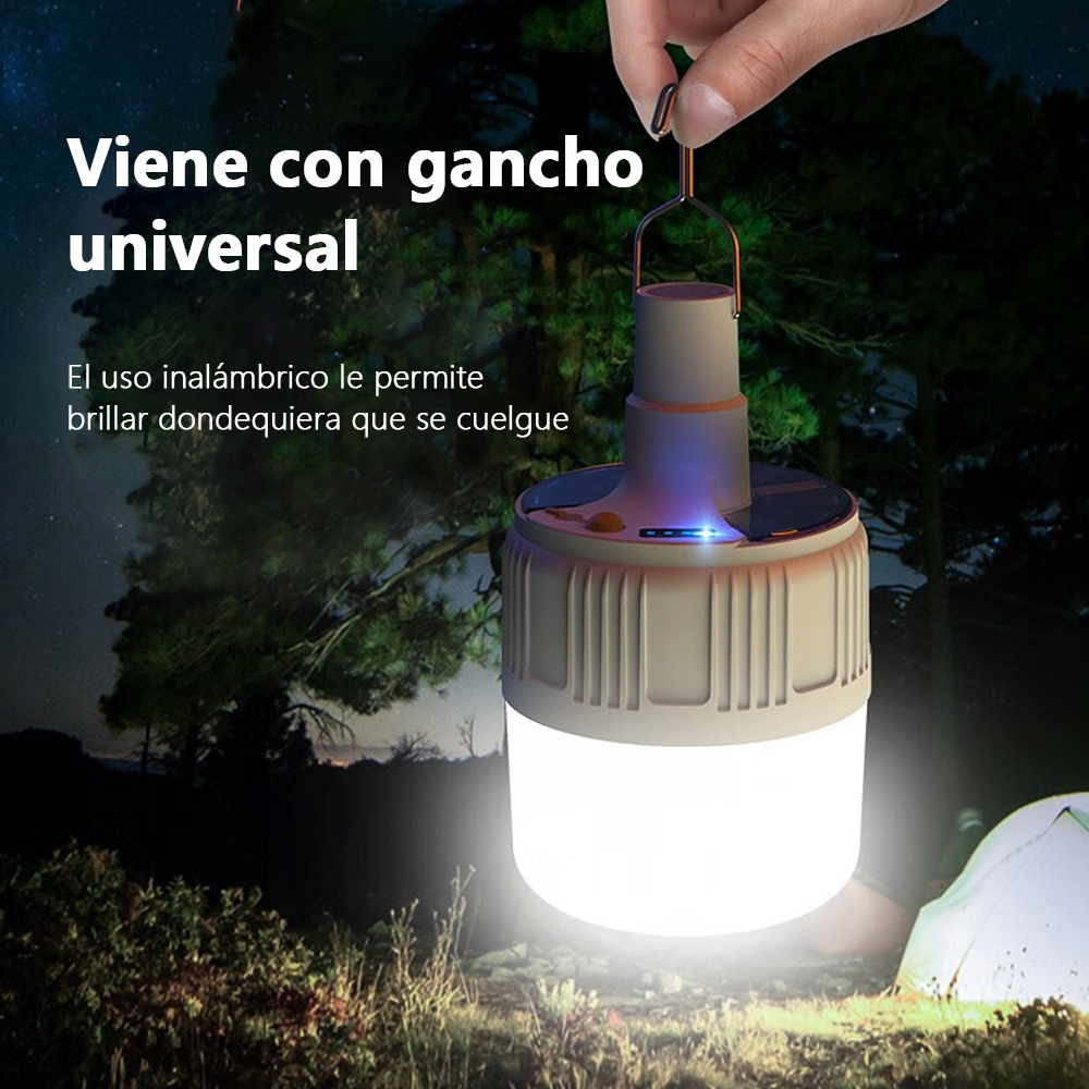 Lámpara de camping solar con gancho. Iluminación emergencia súper brillante y multifuncional.  Ideal para tiendas de campaña, mercados nocturnos, uso al aire libre y doméstico.