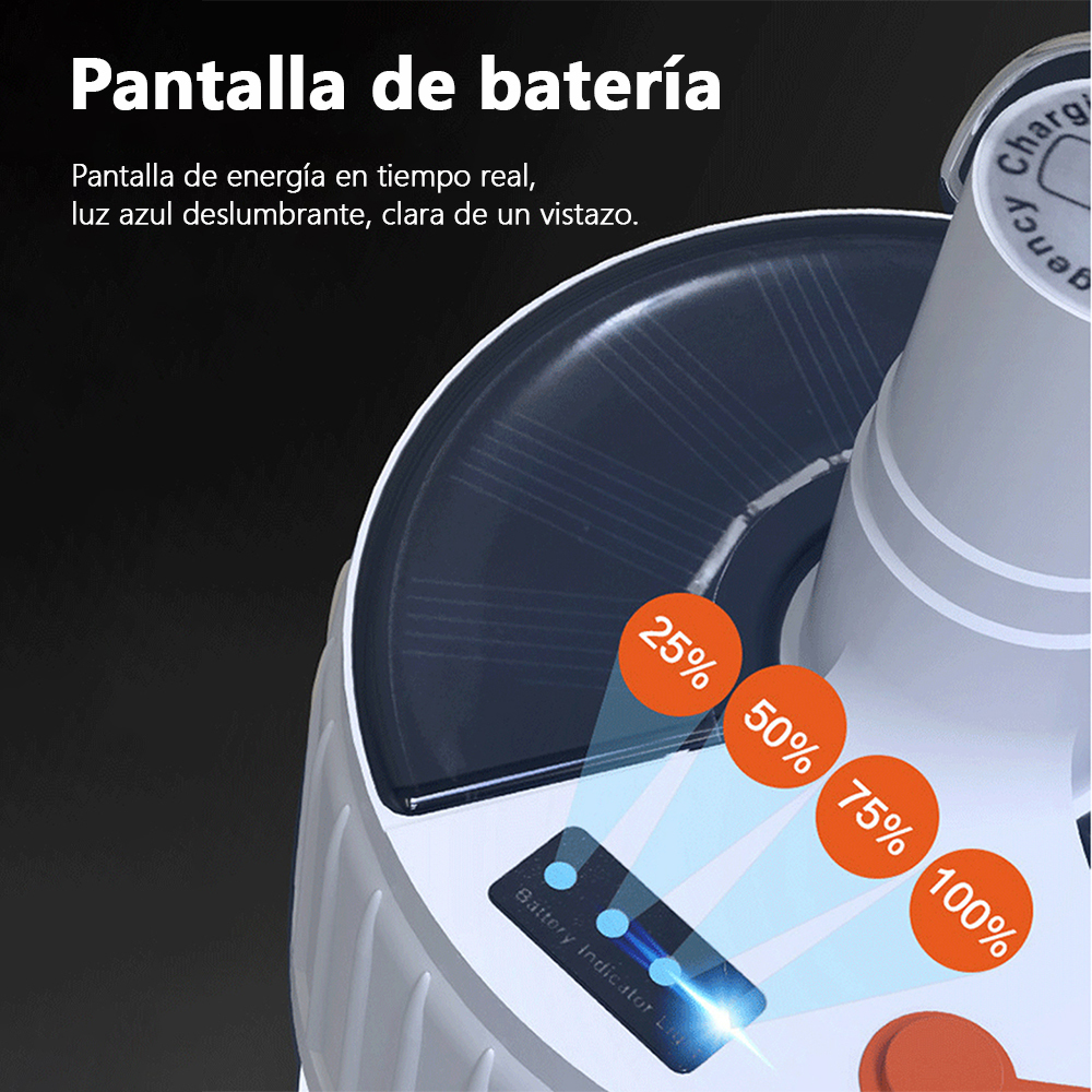 Lámpara de camping solar con gancho. Iluminación emergencia súper brillante y multifuncional.  Ideal para tiendas de campaña, mercados nocturnos, uso al aire libre y doméstico.