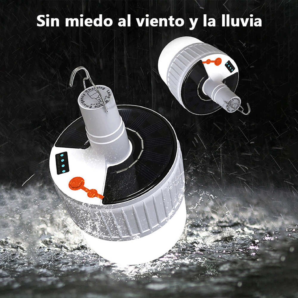 Lámpara de camping solar con gancho. Iluminación emergencia súper brillante y multifuncional.  Ideal para tiendas de campaña, mercados nocturnos, uso al aire libre y doméstico.