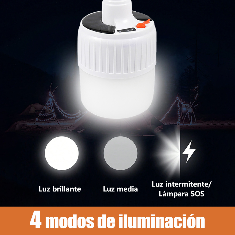Lámpara de camping solar con gancho. Iluminación emergencia súper brillante y multifuncional.  Ideal para tiendas de campaña, mercados nocturnos, uso al aire libre y doméstico.