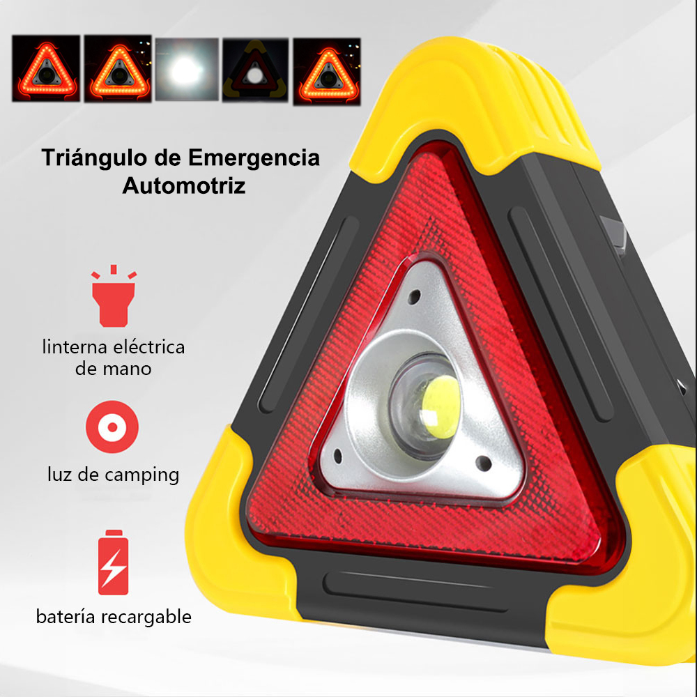 Triángulo de Emergencia Automotriz， Durable y Fácil de Transportar，Se puede cargar con energía solar o USB, y sus múltiples modos de luz garantizan la seguridad de su viaje. Puede cargar su teléfono móvil y es adecuado para reparaciones nocturnas, campame