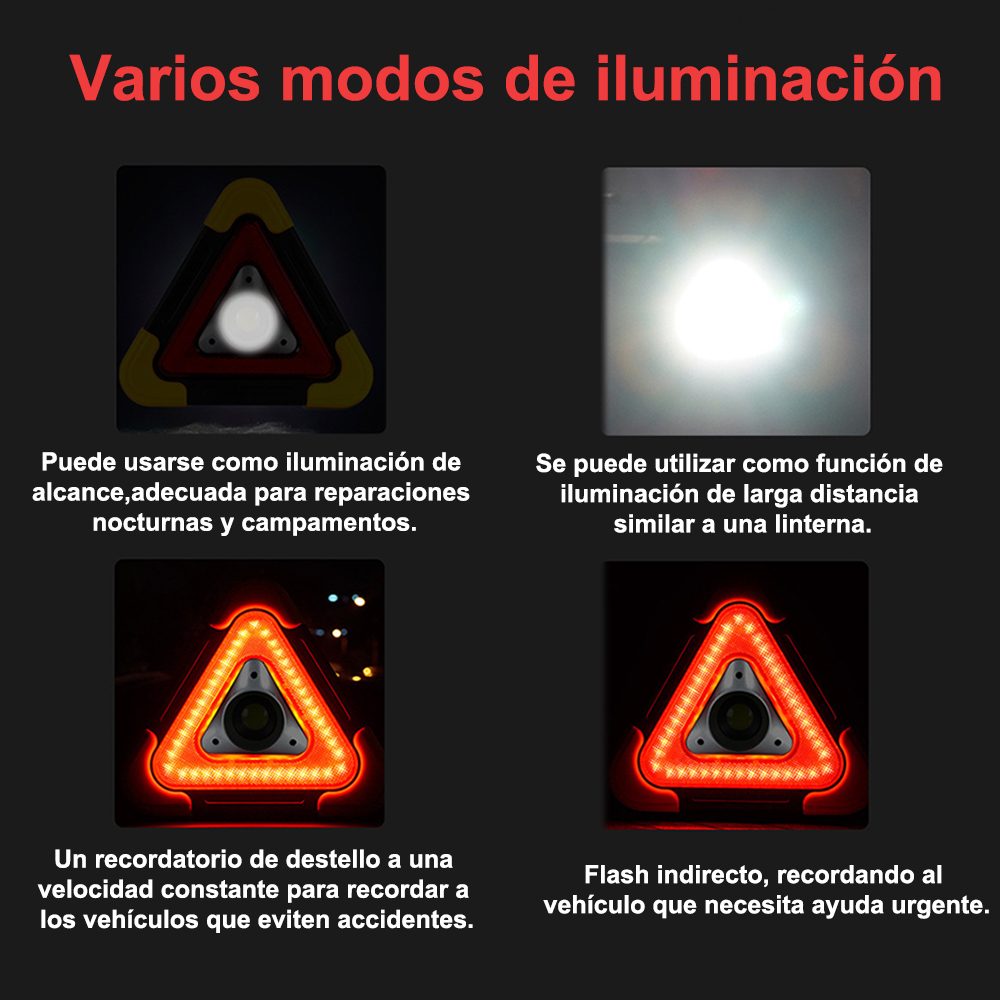 Triángulo de Emergencia Automotriz， Durable y Fácil de Transportar，Se puede cargar con energía solar o USB, y sus múltiples modos de luz garantizan la seguridad de su viaje. Puede cargar su teléfono móvil y es adecuado para reparaciones nocturnas, campame