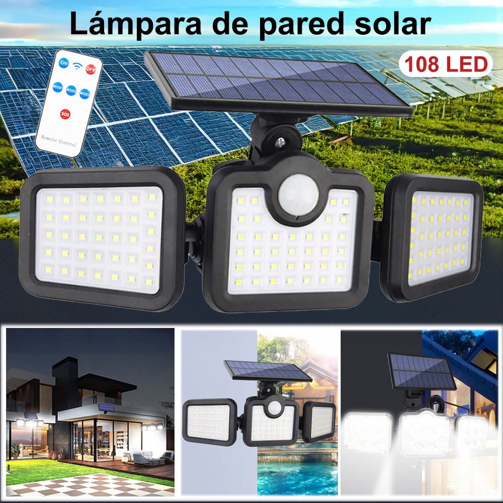 Lámpara de pared solar.Cuentas de lámpara de 108 LED, capacidad de la batería: 2400 mah, ángulo de haz ajustable, detección inteligente del cuerpo humano, tres modos para elegir, a prueba de lluvia y nieve, carga solar, diseño con abertura, Se puede contr