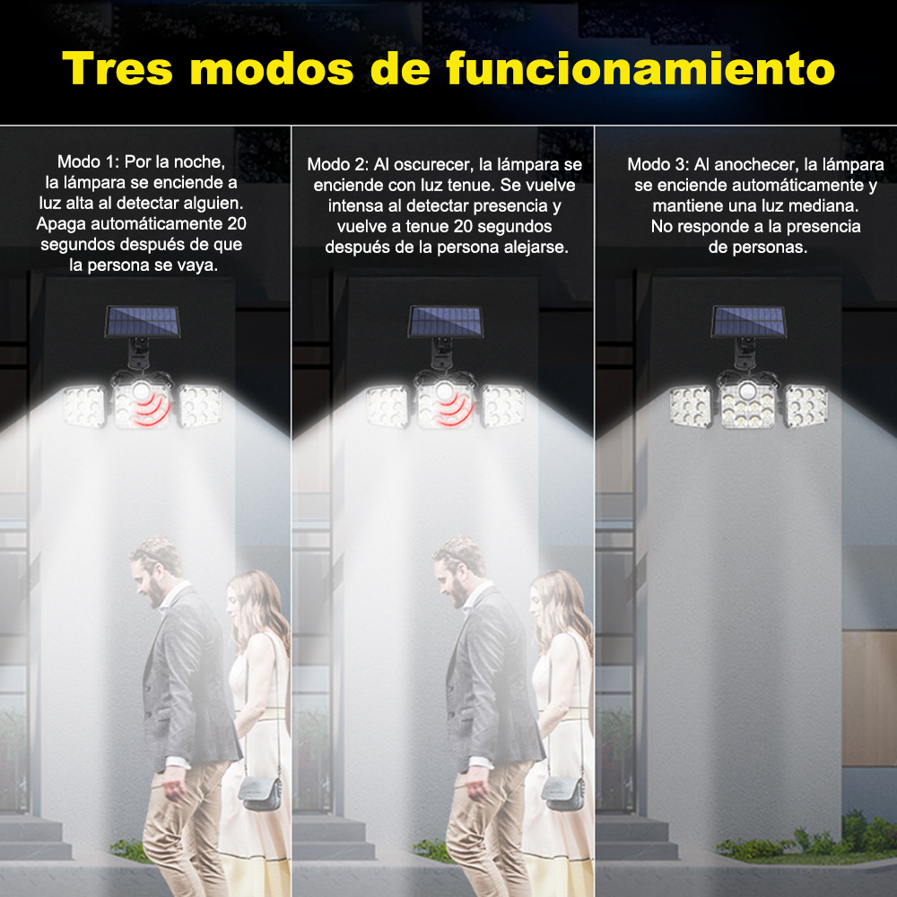 Lámpara de pared solar.Cuentas de lámpara de 108 LED, capacidad de la batería: 2400 mah, ángulo de haz ajustable, detección inteligente del cuerpo humano, tres modos para elegir, a prueba de lluvia y nieve, carga solar, diseño con abertura, Se puede contr