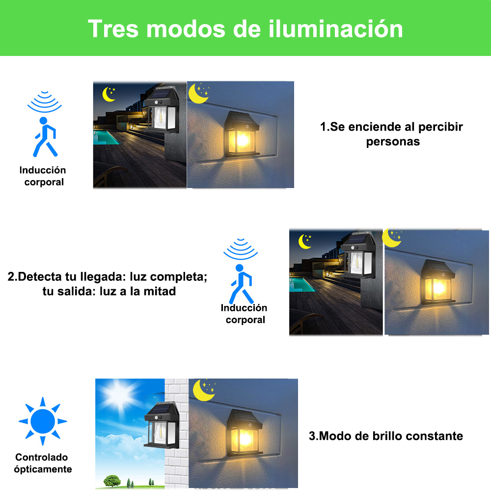 Farola solar, luz de pared para exteriores, luz solar de pared con 3 modos y sensor de movimiento, luz solar impermeable para exteriores, encendido y apagado automático para jardín, patio, jardín, césped y garaje.