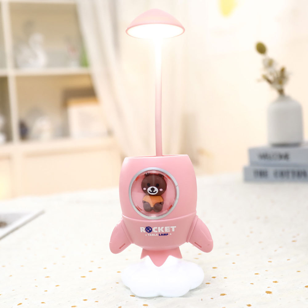 Lámpara escritorio dibujos animados para niños con portalápices, luz LED multifunción con modo cambio color, aprende a leer