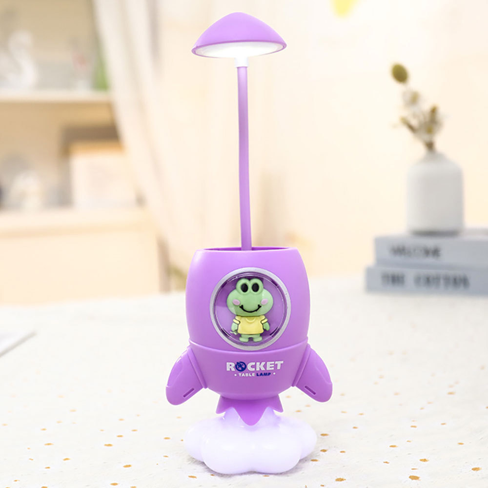Lámpara escritorio dibujos animados para niños con portalápices, luz LED multifunción con modo cambio color, aprende a leer