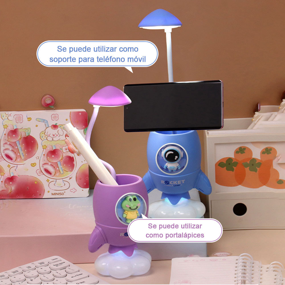 Lámpara escritorio dibujos animados para niños con portalápices, luz LED multifunción con modo cambio color, aprende a leer