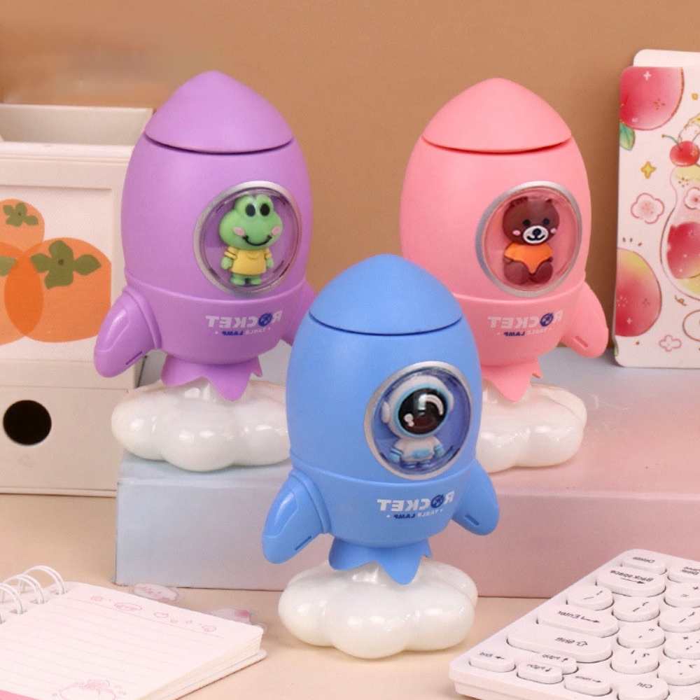 Lámpara escritorio dibujos animados para niños con portalápices, luz LED multifunción con modo cambio color, aprende a leer